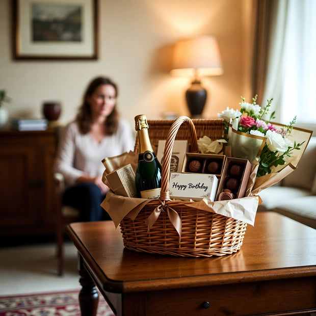 Birthday hampers filled with luxury food treats, chocolates and gourmet gift favourites